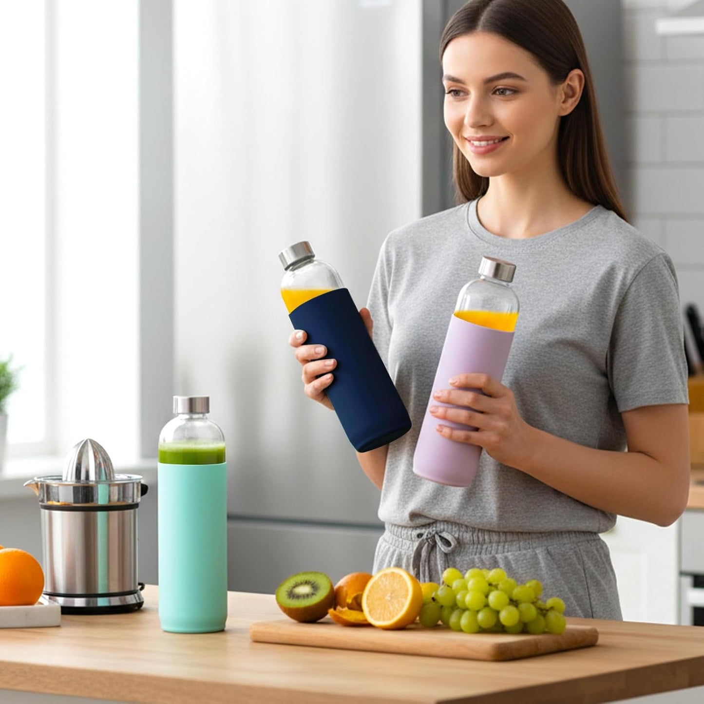 Clear Glass Bottles with Lids 18 oz, Reusable Glass Water Bottles with Stainless Steel Cap for Refrigerator, Juicing, 100% Leak Proof, BPA Free, Juice Bottle Drinking Jar Containers Set of 6