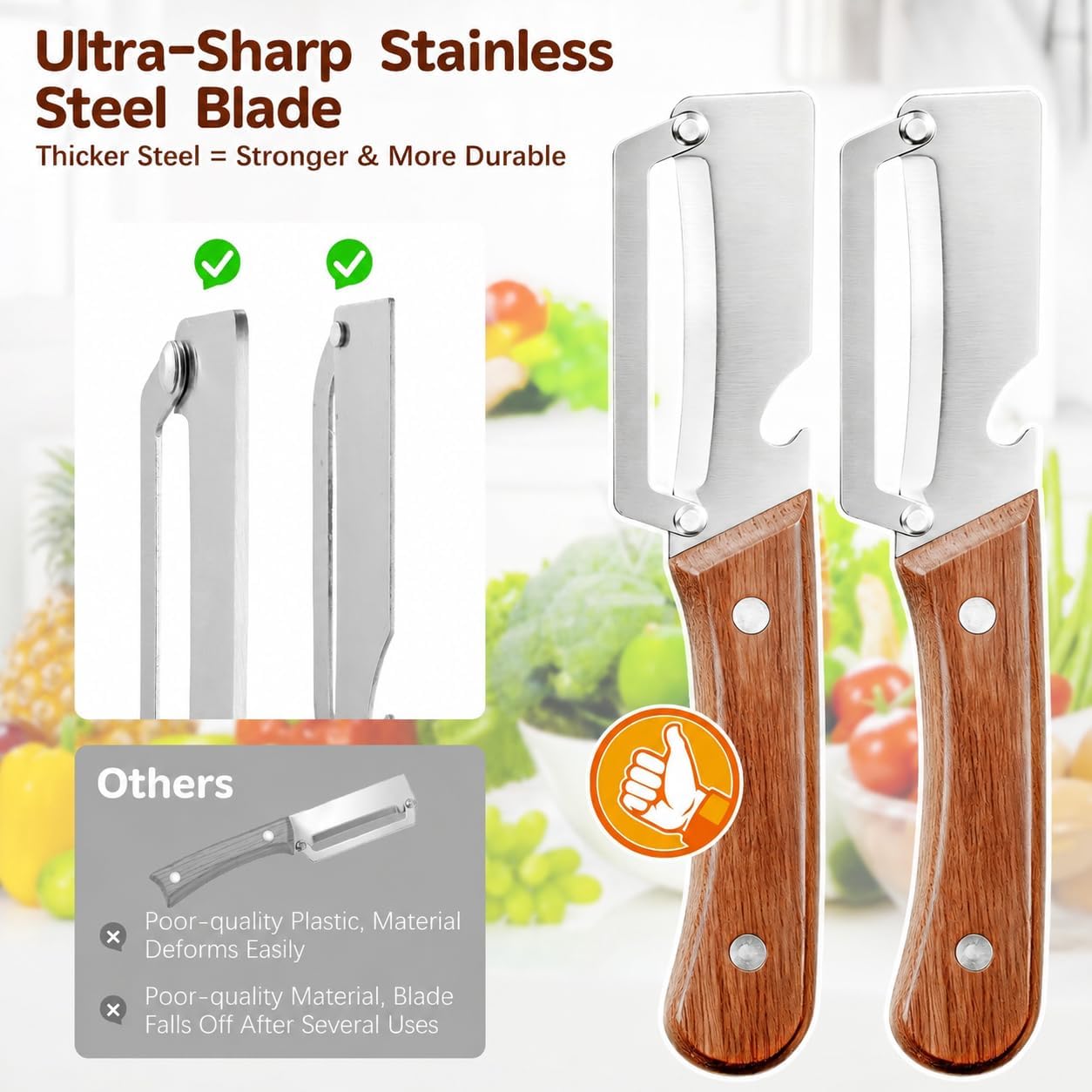 Left & Right Hand Vegetable Peeler Set with Scallion Slicer & Bottle Opener, Thickened Stainless Steel Wide Blade for Smooth Peeling, Wooden Handle Kitchen Peeler for Fruits & Vegetables