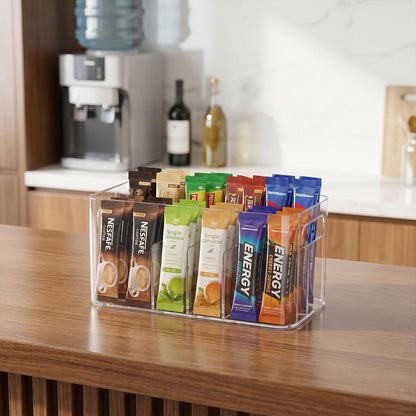 Drink Packet Organizer, Powder Packet with handle,Powdered Drink Mix,Acrylic Water Flavor Packet Organization Container with Removable Dividers for Storage Bins for Kitchen, Pantry, Office