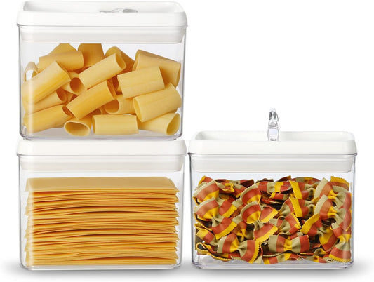 Felli Flip Tite Storage Container with Lid 4” RECTANGULAR Airtight Ring Flip Top, Stackable Kitchen Counter Pantry Organizer Acrylic Canister Jar for Pasta Spaghetti Cereal Granola Coffee (1.9qt)