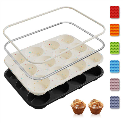 2 Pack 12 Cups Silicone Muffin Pan with Metal Reinforced Frame Regular Size Silicone Molds Cupcake Cake Baking Pans Cookie Baking Chocoflan Cupcake Mold Nonstick Muffin Tin Home Baking Supplies