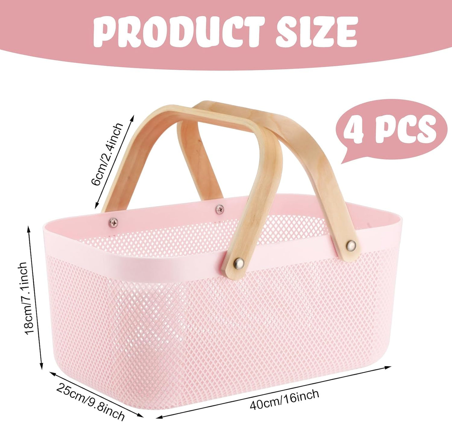 Sadnyy 4 Pcs Plastic Mesh Garden Harvest Basket Storage Basket with Wooden Handle Multi Functional Mesh Bin for Kitchen Cabinet Picnic Fruit Vegetable Gathering Organizer(Large,White)