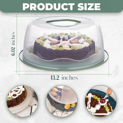 13 Inch Cake Carrier with Locking Lid and Handle, Stylish Big Round Container for Kitchen Storage, BPA Free Stand, Plastic Holder for Transporting, Donuts, Cupcakes, Pies (Green, 13 in)