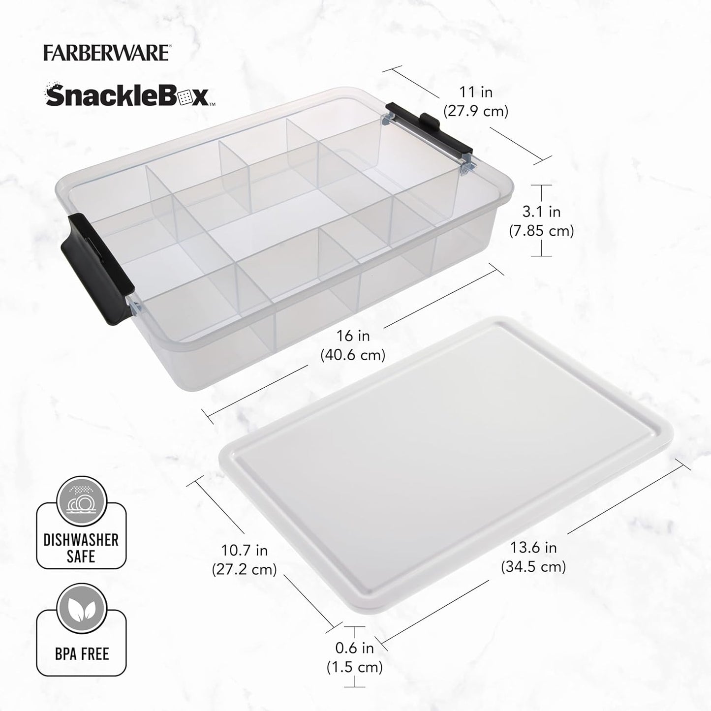 Farberware Small Build-a-Board Snacklebox with Locking Plastic Cutting Board Lid, Portable Charcuterie Storage with 7 Compartments