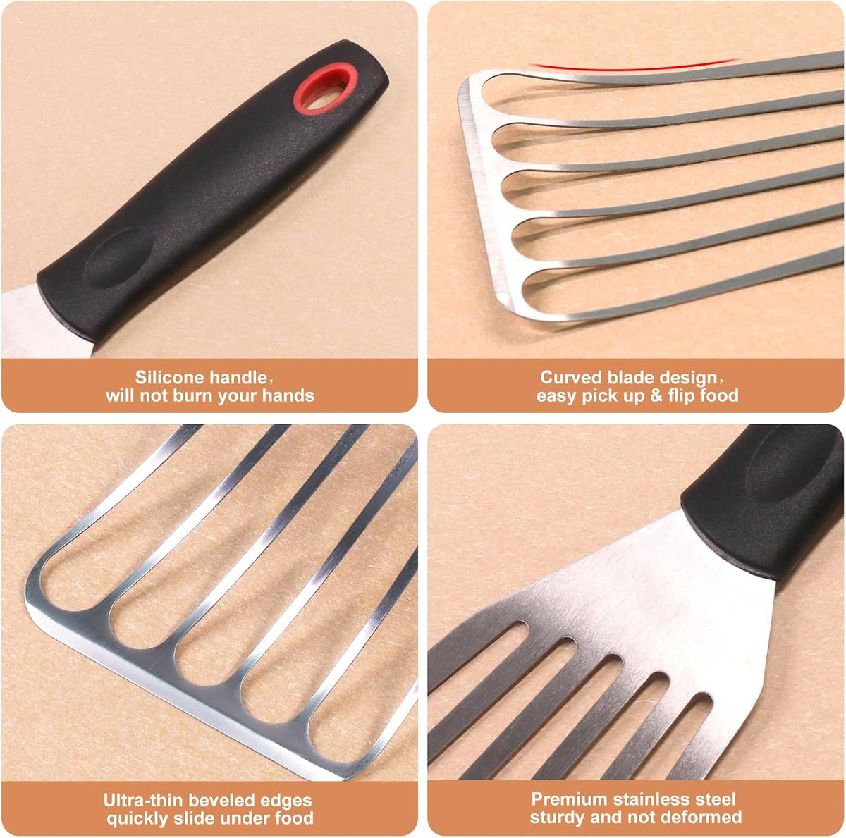 3-Piece Stainless Steel Fish Spatula Set, Metal Slotted Turners for Cast Iron Skillet, Griddle, Steak, Burgers, Eggs and Pancakes