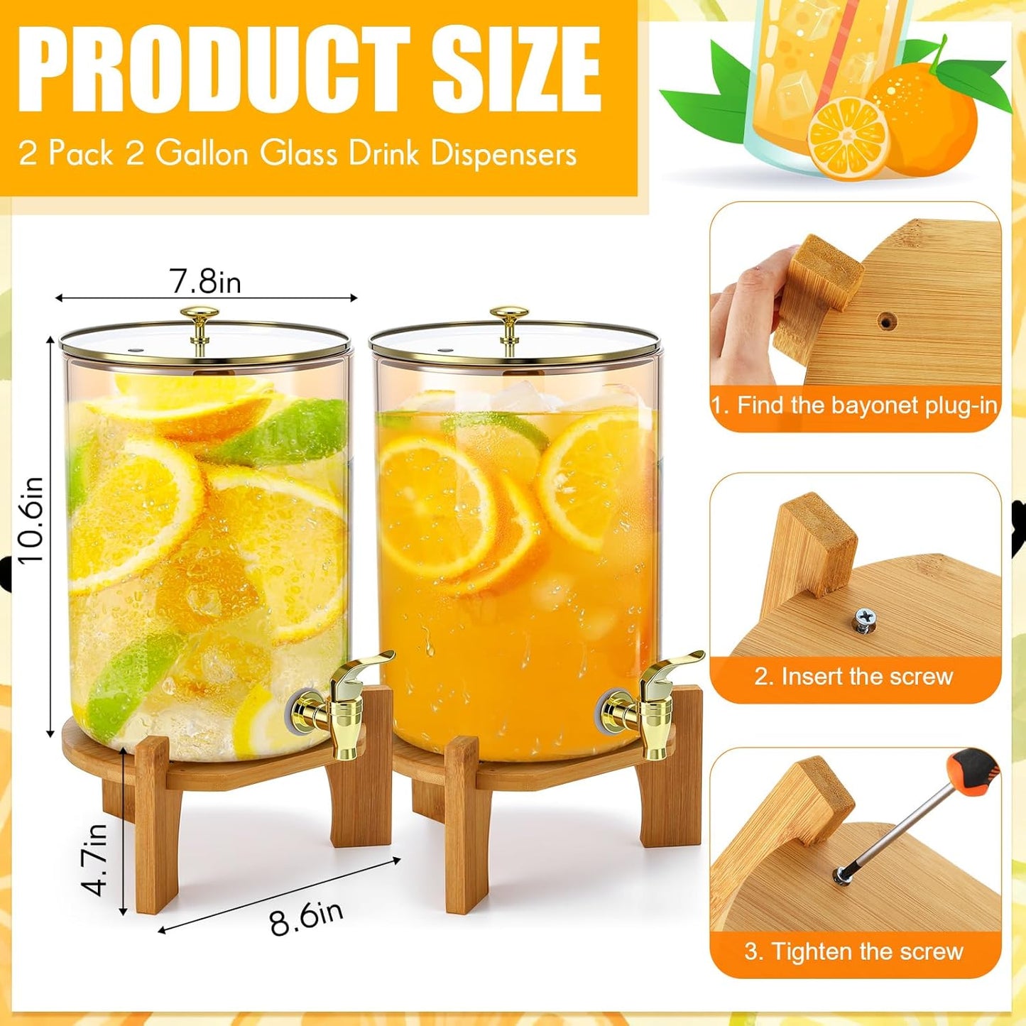Honeydak 2 Pack 2 Gallon Each Amber Glass Drink Dispensers with Spigot, Gold Accent, Beverage Dispensers with Stand for Lemonade Juice Water Iced Tea Cocktails
