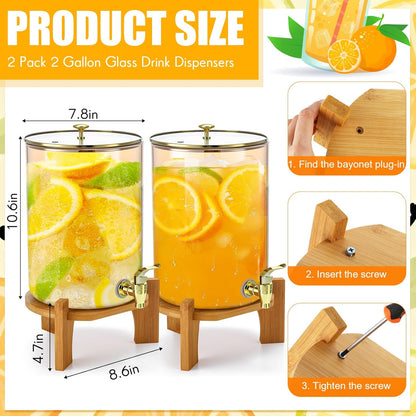 Honeydak 2 Pack 2 Gallon Each Amber Glass Drink Dispensers with Spigot, Gold Accent, Beverage Dispensers with Stand for Lemonade Juice Water Iced Tea Cocktails