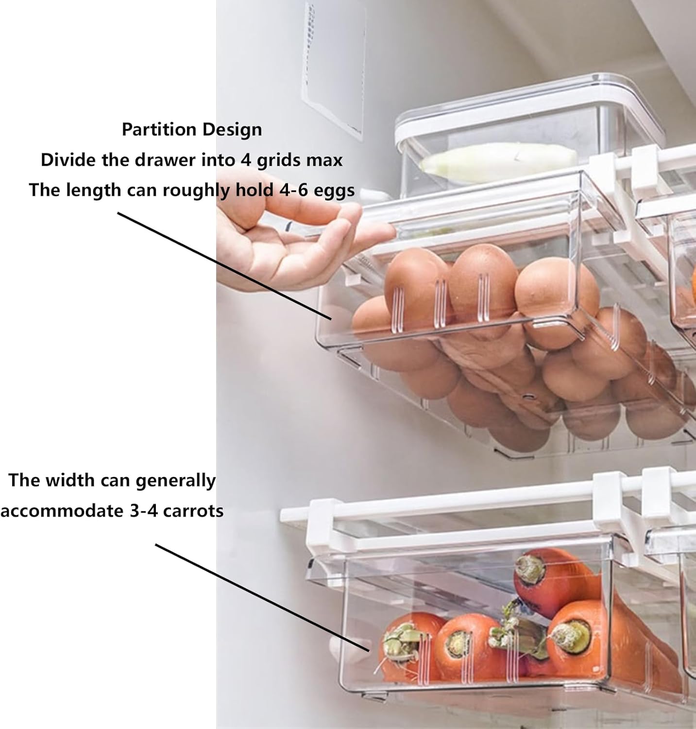 YekouMax Fridge Drawer Organizer, Refrigerator Organizer Bins, Pull Out with Handle, Shelf Holder Storage Box, Clear Container for Food, Drinks, Fit for Fridge Shelf Under 0.6" (1 Pack Medium)