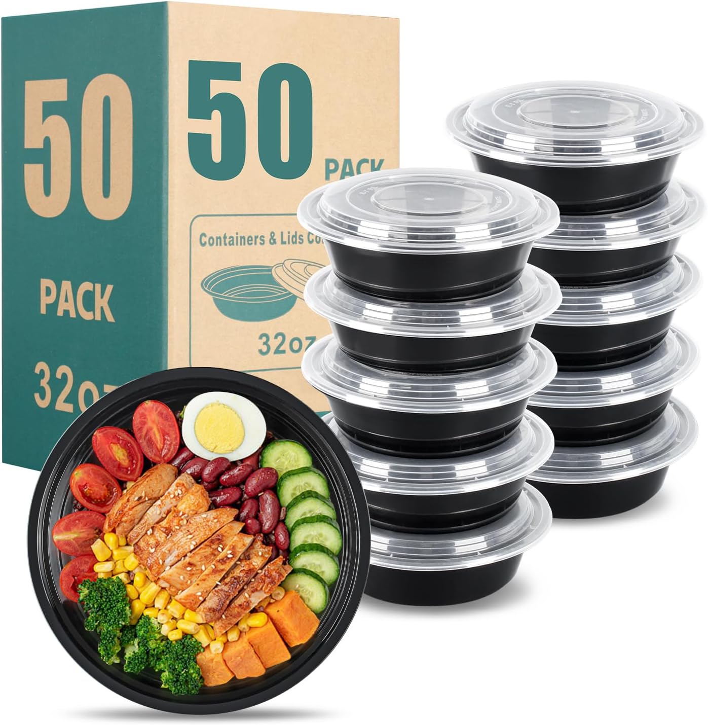 50 Pack (100-Piece) 28oz Meal Prep Containers, 50 Pack (100-Piece) Rectangle,BPA-Free, Food Safe & Leakproof Reusable Plastic Food Storage – Microwave Safe, Stackable Takeout Boxes