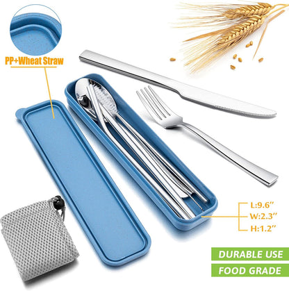 HaWare Portable Travel Utensils with Case, Stainless Steel Silverware Set for Camping Office School Lunch, Including Knife Fork Spoon Chopsticks, Reusable and Dishwasher Safe(Green)