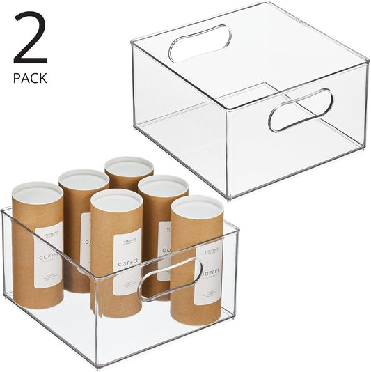 mDesign Deep Plastic Stackable Kitchen Storage Organizer Container Bin for Pantry, Cabinet, Cupboard, Shelves, Fridge, or Freezer - Holds Dry Goods, Sauces, Condiments, Ligne Collection, 2 Pack, Clear