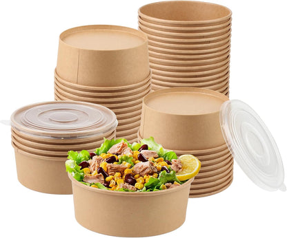 50 Sets 25oz Disposable Kraft Paper Bowls with Lids, Rectangle