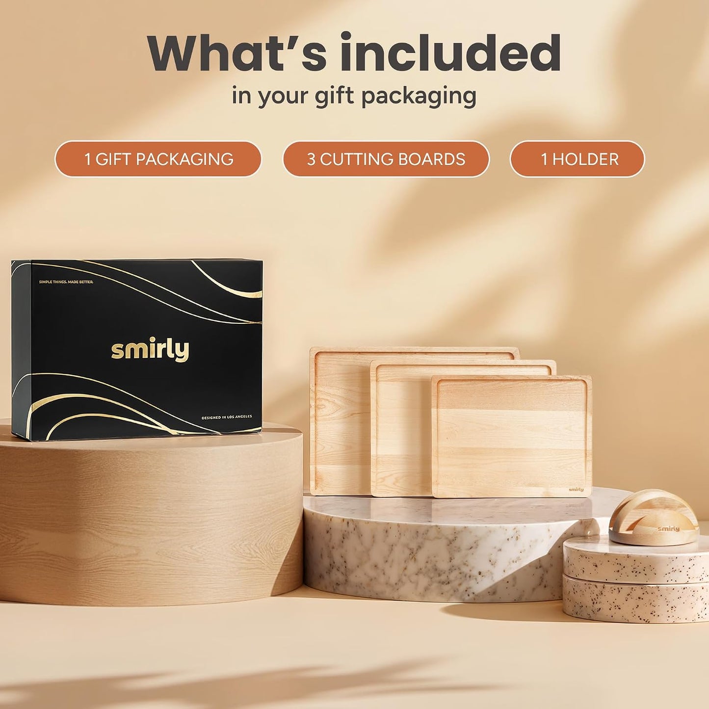 SMIRLY Walnut Cutting Board for Kitchen - Wood Cutting Boards with Handle and Juice Groove for Meal Prep, Serving, Charcuterie - Kitchen Gadgets - Non Toxic Wooden Chopping Board Set of 3 with Holder
