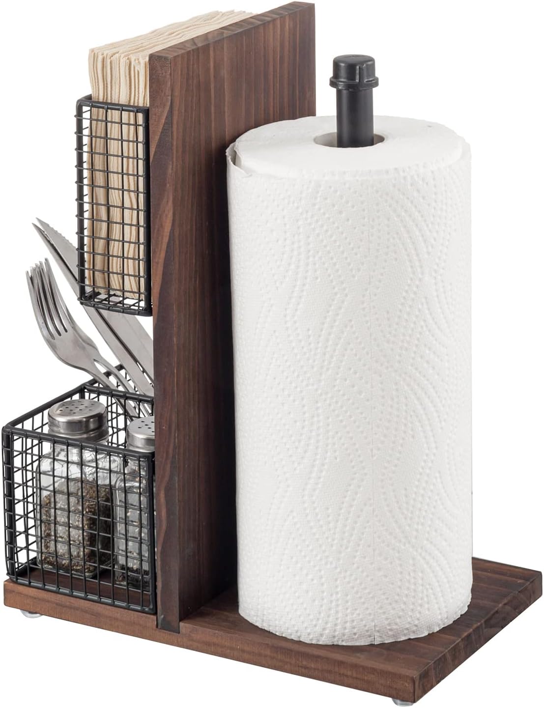 MyGift Rustic Burnt Solid Wood and Industrial Matte Black Metal Dining Combination Caddy with Paper Towel Roll Dispenser Stand, Napkin Holder, and Spice Rack