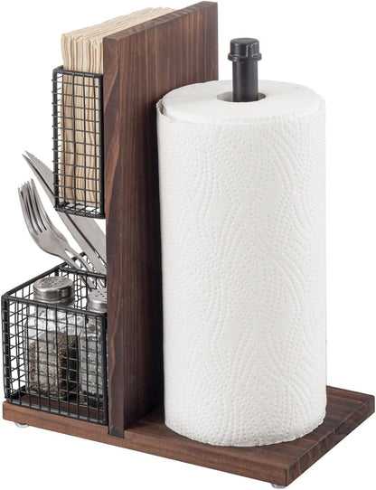 MyGift Rustic Burnt Solid Wood and Industrial Matte Black Metal Dining Combination Caddy with Paper Towel Roll Dispenser Stand, Napkin Holder, and Spice Rack