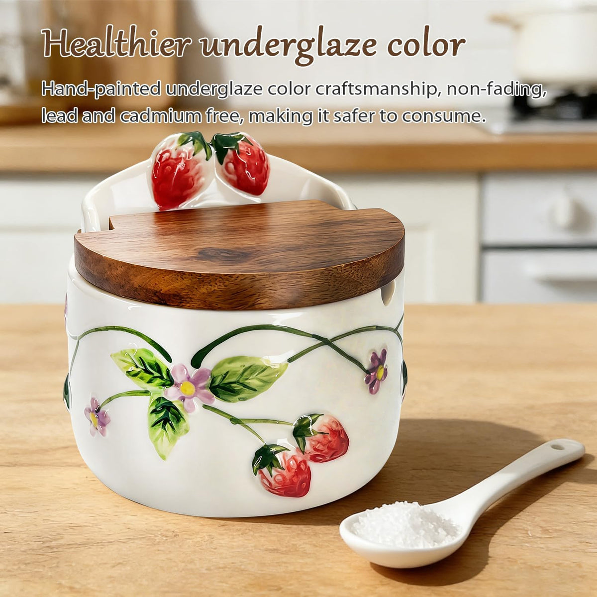Ceramic Salt Cellar Strawberry Relief Lid Jar Spoon