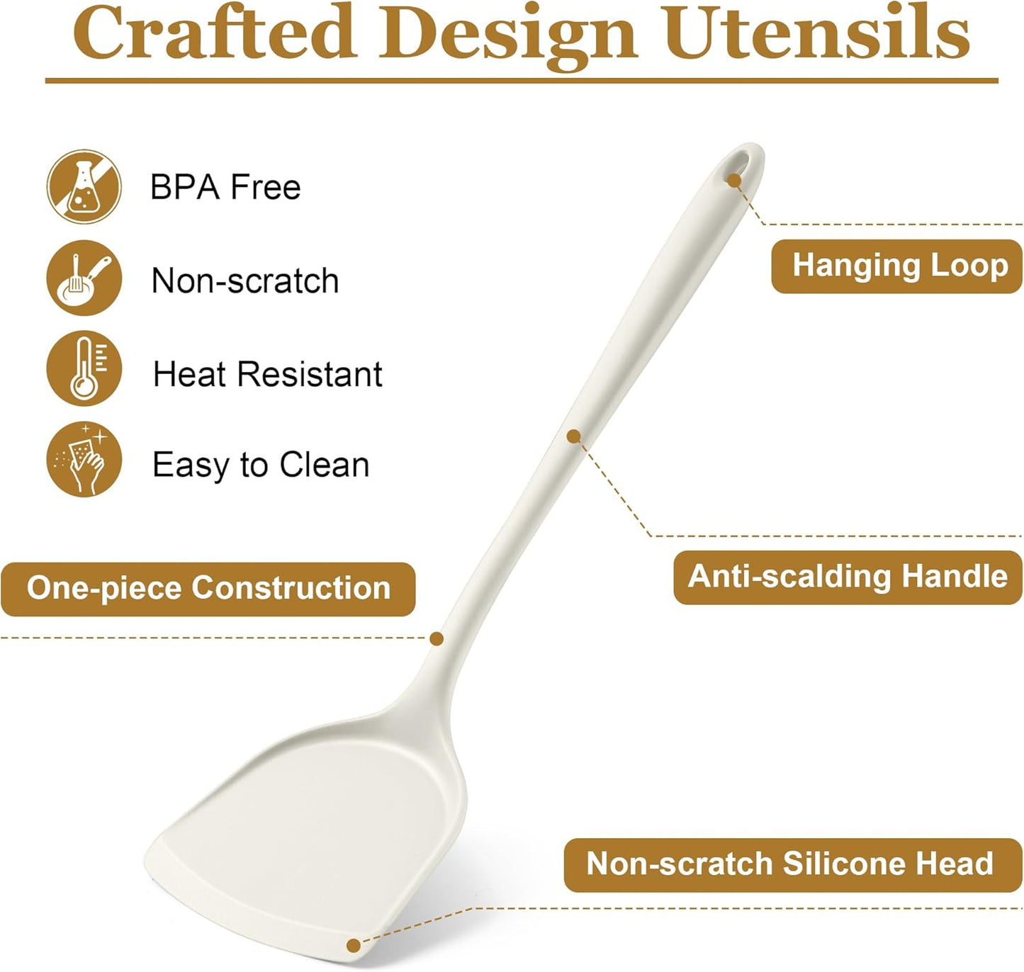 LIANYU Non-Toxic Silicone Kitchen Utensils Set, 8 Piece Non-Scratch Cooking Spoons & Spatulas, Stainless Steel Core, Heat Resistant & Dishwasher Safe, Khaki