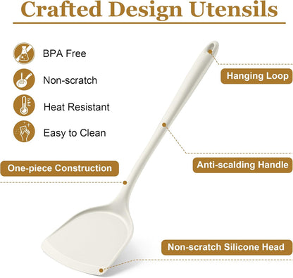 LIANYU Non-Toxic Silicone Kitchen Utensils Set, 8 Piece Non-Scratch Cooking Spoons & Spatulas, Stainless Steel Core, Heat Resistant & Dishwasher Safe, Khaki