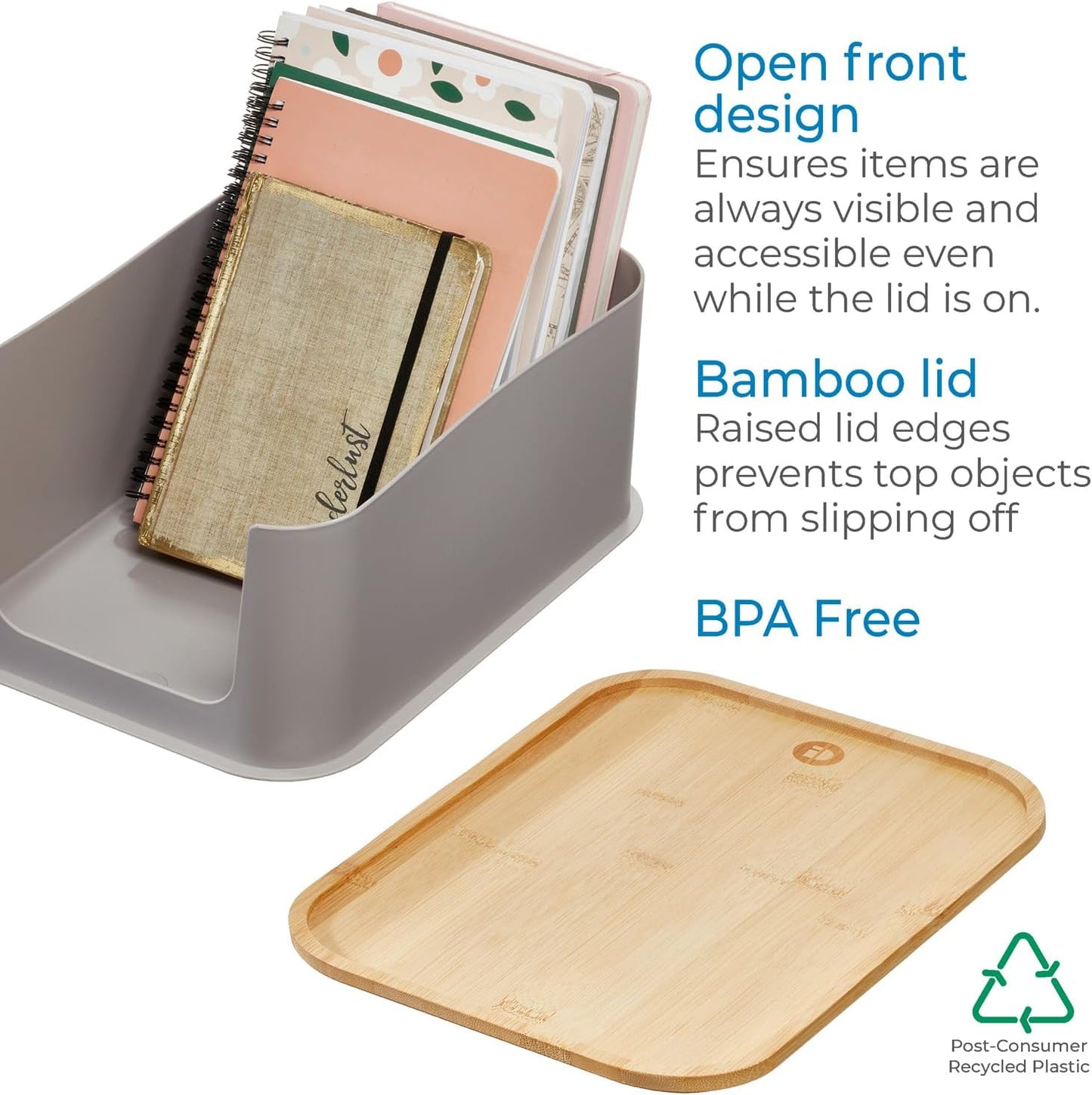 iDesign Recycled Plastic 11.9" Medium Open Front Storage Bin with Handle and Bamboo Lid, BPA-Free, Porpoise