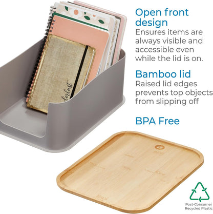 iDesign Recycled Plastic 11.9" Medium Open Front Storage Bin with Handle and Bamboo Lid, BPA-Free, Porpoise