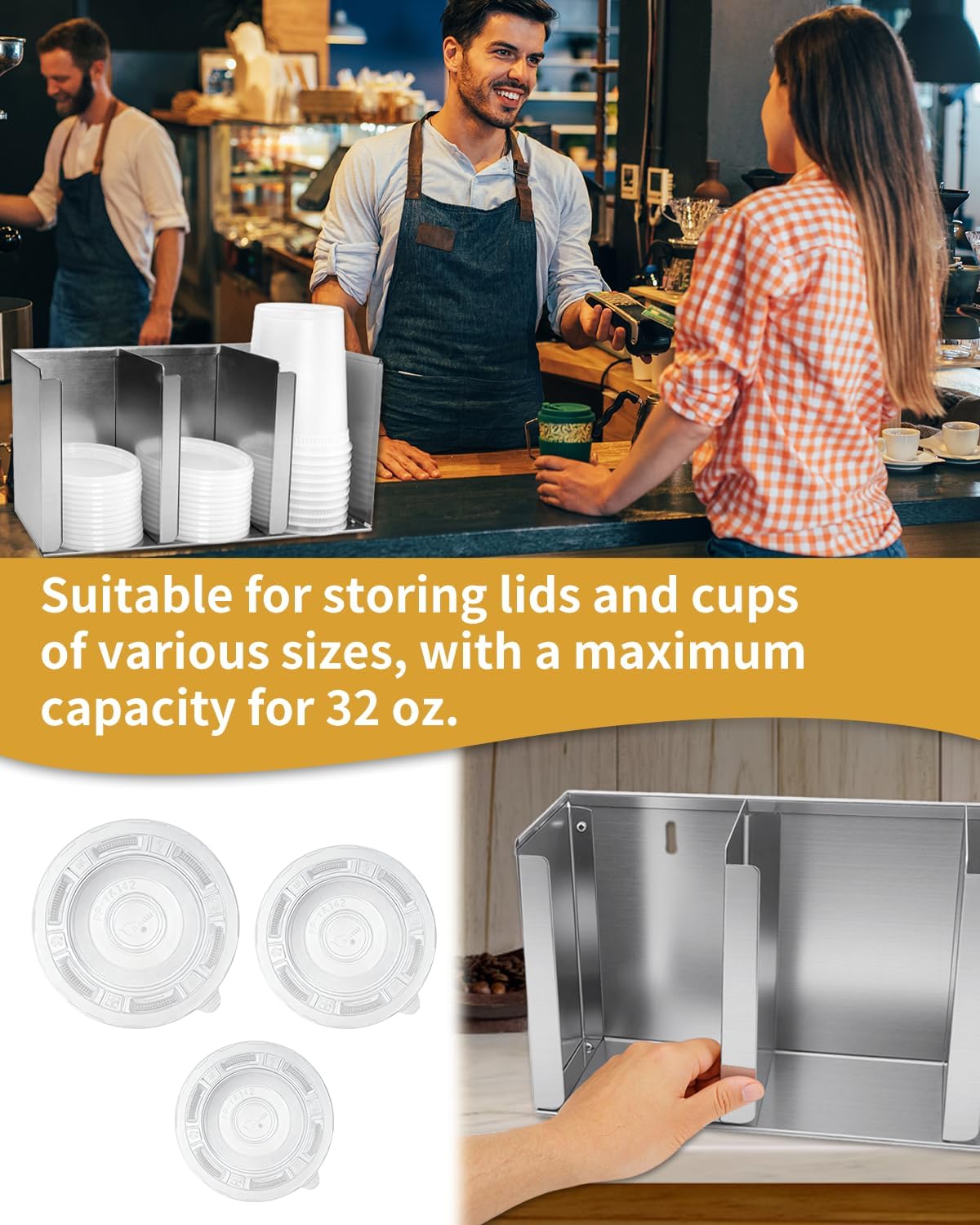 Stainless Steel Cup Dispenser,3 Compartments Cup Holder and Lid Holder with Adjustable Dividers,Cup Organizer for Kitchen Cabinets Cafe Shop Restaurant,Includes Straw Holder