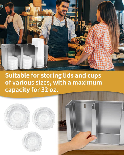 Stainless Steel Cup Dispenser,3 Compartments Cup Holder and Lid Holder with Adjustable Dividers,Cup Organizer for Kitchen Cabinets Cafe Shop Restaurant,Includes Straw Holder
