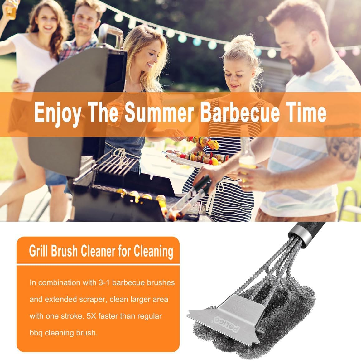 POLIGO Safe Grill Brush and Scraper with Deluxe Handle - 18" Grill Cleaner Brush Stainless Steel Bristle Grill Brush for Outdoor Grill Wizard Grate - BBQ Brush for Grill Cleaning Ideal Grilling Gifts