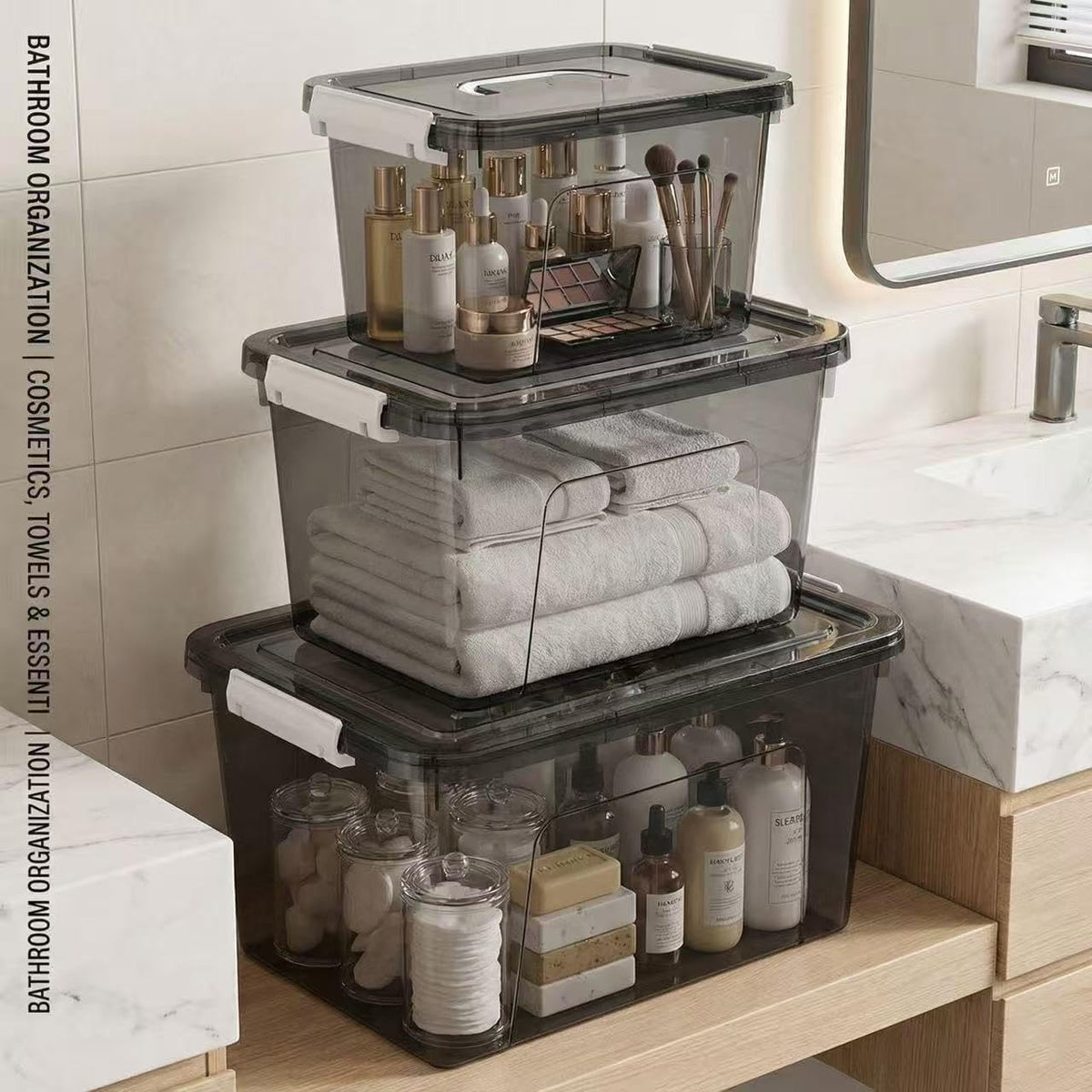 Plastic Storage Bins with Lids, 2 Pack Mixed Sizes (7 Qt, 16 Qt) Clear Black with Lid Stackable Organizer Boxes with Latches for Closet, Pantry, Bathroom, Office
