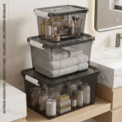 Plastic Storage Bins with Lids, 2 Pack Mixed Sizes (7 Qt, 16 Qt) Clear Black with Lid Stackable Organizer Boxes with Latches for Closet, Pantry, Bathroom, Office
