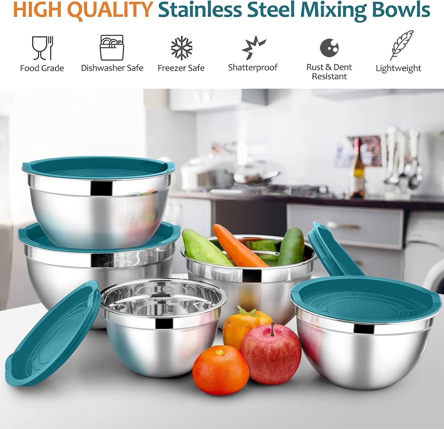 E-far Mixing Bowls with Lids Set of 5, Stainless Steel Mixing Bowls Metal Nesting Bowls with Airtight Lids, Non-toxic & Dishwasher Safe, Great for Cooking, Baking, Serving - Size 0.7/1/1.5/3/4.6QT