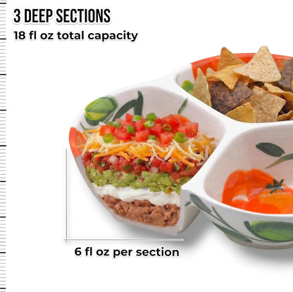 Ceramic Chip & Dip Bowl 7.5”, 3-Compartment Divided Serving Dish & Condiment Tray for Appetizers – Handmade in Spain, Lead-Free Glaze, Microwave, Oven & Dishwasher Safe