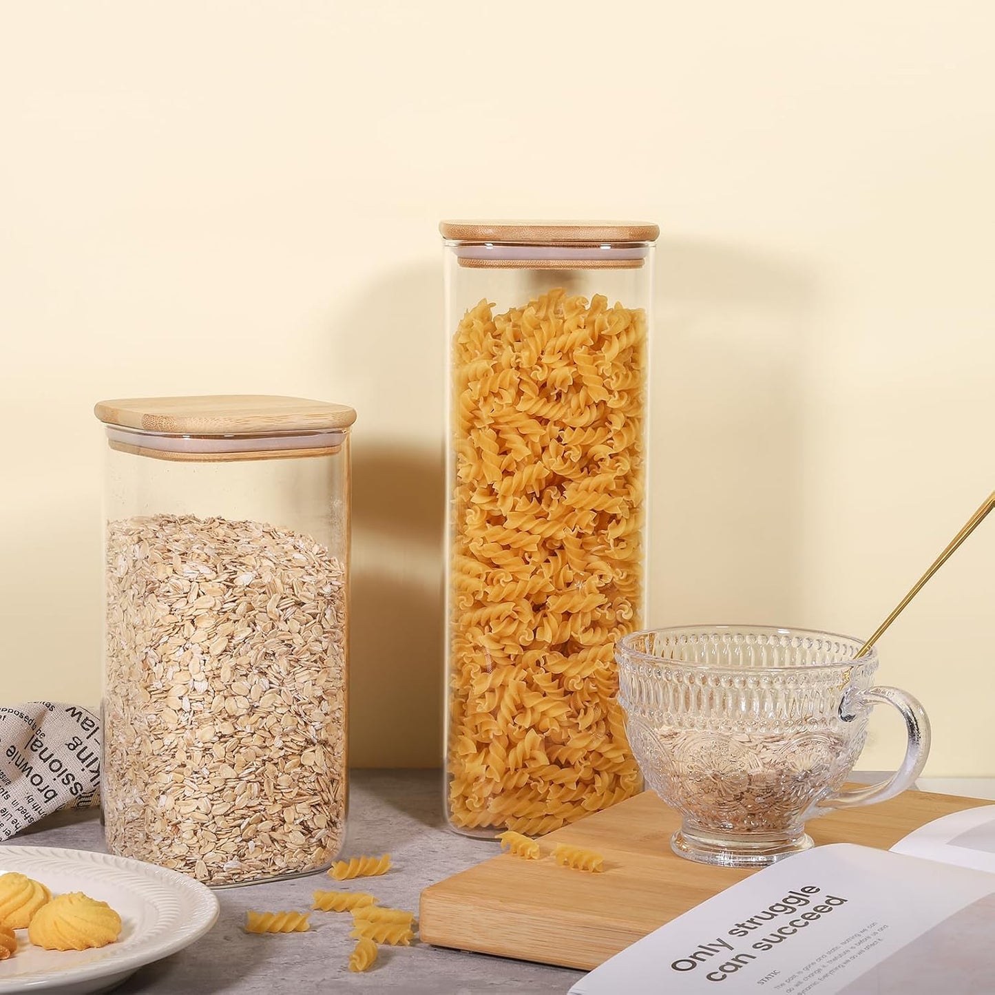 Glass Food Storage Jars 37 oz Set of 6,Glass Storage Containers Clear Glass Food Canister with Bamboo Lid Airtight For Serving Tea, Coffee, Flour, Sugar, Candy, Cookie, Spice and More (Square)