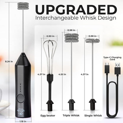 Zulay Kitchen Rechargeable Milk Frother Handheld - Frother Wand, Drink Mixer, Electric Whisk Frother, for Cappuccinos, Matcha & Protein Powder - Dynamic 3 Whisk, 3 Speed 500mAh Black - Colors A