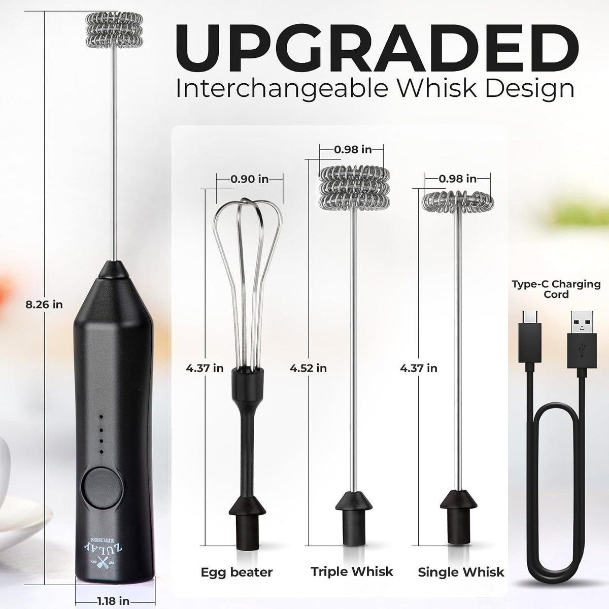Zulay Kitchen Rechargeable Milk Frother Handheld - Frother Wand, Drink Mixer, Electric Whisk Frother, for Cappuccinos, Matcha & Protein Powder - Dynamic 3 Whisk, 3 Speed 500mAh Black - Colors B