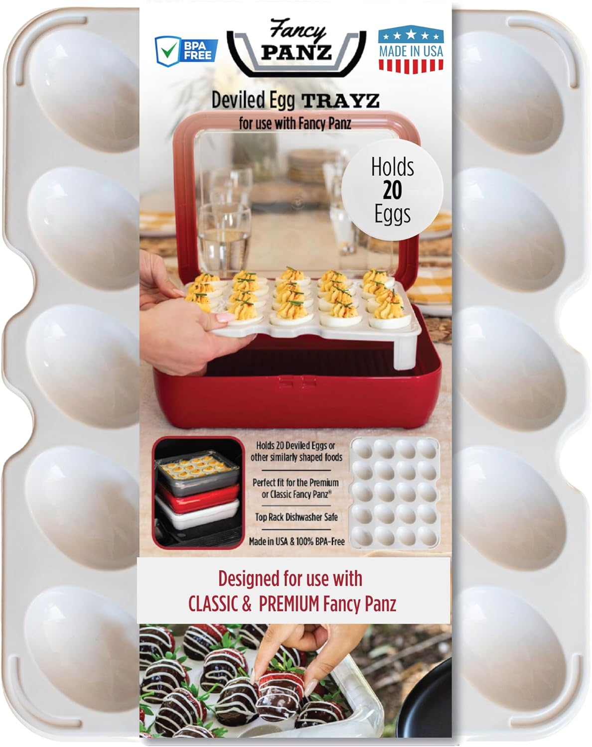 Fancy Panz Deviled Egg Tray - Portable Deviled Egg Carrier Insert Holds 20 Eggs - Fits Strawberries, Stuffed Mushrooms & More - Reusable Serving Tray for Parties & Potlucks