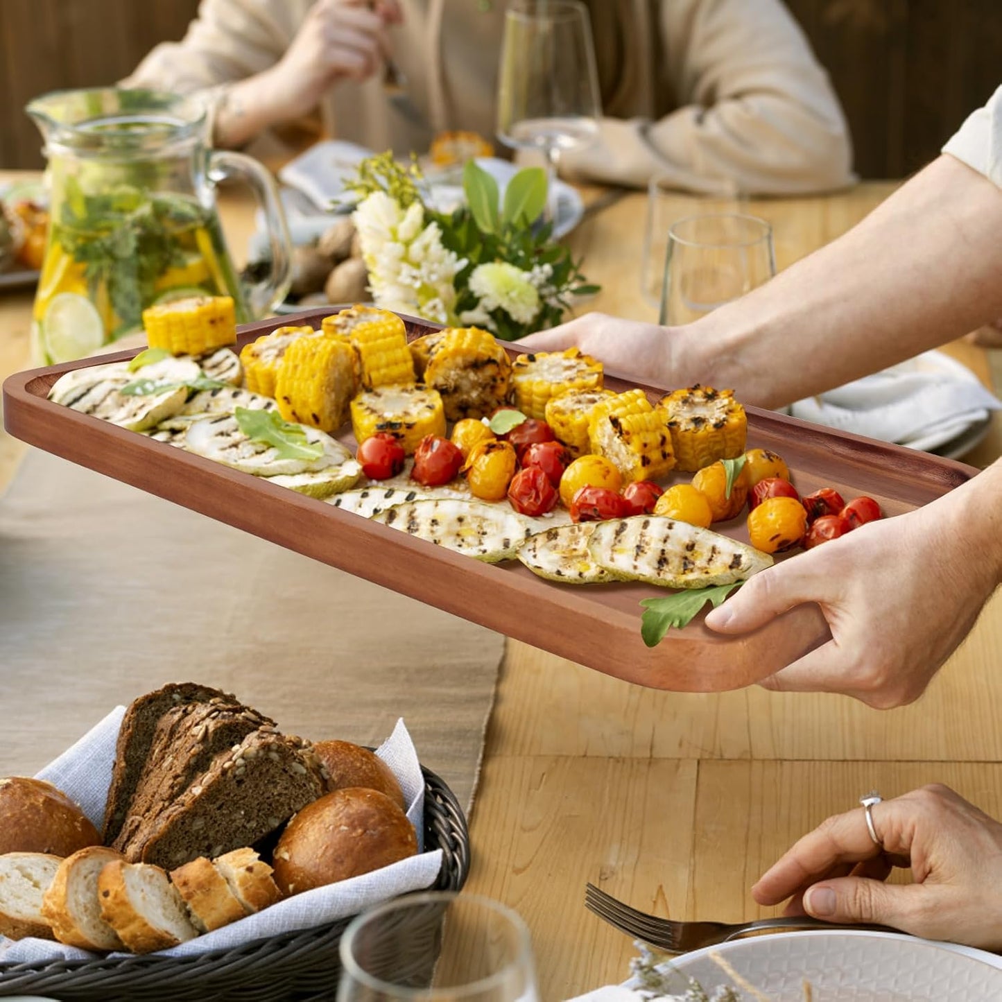 Large Wooden Serving Trays Long Party Charcuterie Boards Acacia Wood Platters Serving Cheese Board Rectangular Appetizer Snack Plates Rectangle Kitchen Dinner Platter for Food Dish Cake Dessert Tray