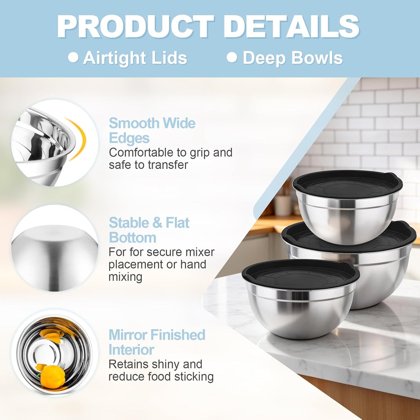 TeamFar Mixing Bowls, Stainless Steel Nesting Salad Bowls with Airtight Lids Set, For Serving/Mixing/Storing, Healthy & Long-lasting, Dishwasher Safe & Easy Clean, 4.6/3 / 1.5 QT, Colorful