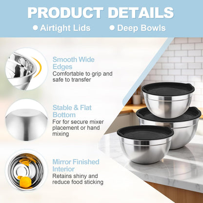 TeamFar Mixing Bowls, Stainless Steel Nesting Salad Bowls with Airtight Lids Set, For Serving/Mixing/Storing, Healthy & Long-lasting, Dishwasher Safe & Easy Clean, 4.6/3 / 1.5 QT, Colorful