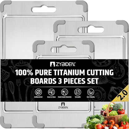3Pcs 100% Pure Titanium Cutting Board with Grooves, Update Double Side Titanium Chopping Board, Silicone Anti-slip Stainless Cutting Boards Set for Kitchen