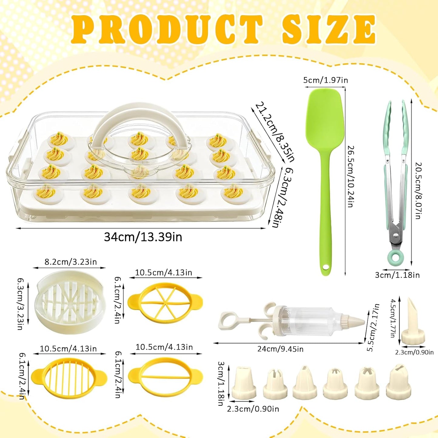 Deviled Egg Containers with Lid & Handle (2 Layer Snap-on) PET Thickened Eggs Holder Inc Egg Slicer Kitchen Tongs Silicone Spatula and Piping Decorating Kit,for Festival Party Brunch