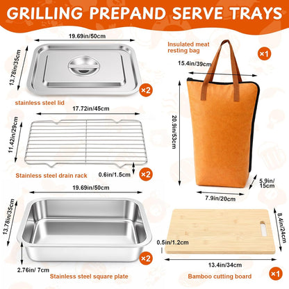 8-in-1 Stainless Steel Grill Prep Tray and Carry System with Meat Resting Bag, Bamboo Cutting Board, Rack, Pans & Lids - Outdoor BBQ Kit Grill Accessories for Cooking, Camping, Kitchen Prep(Large)