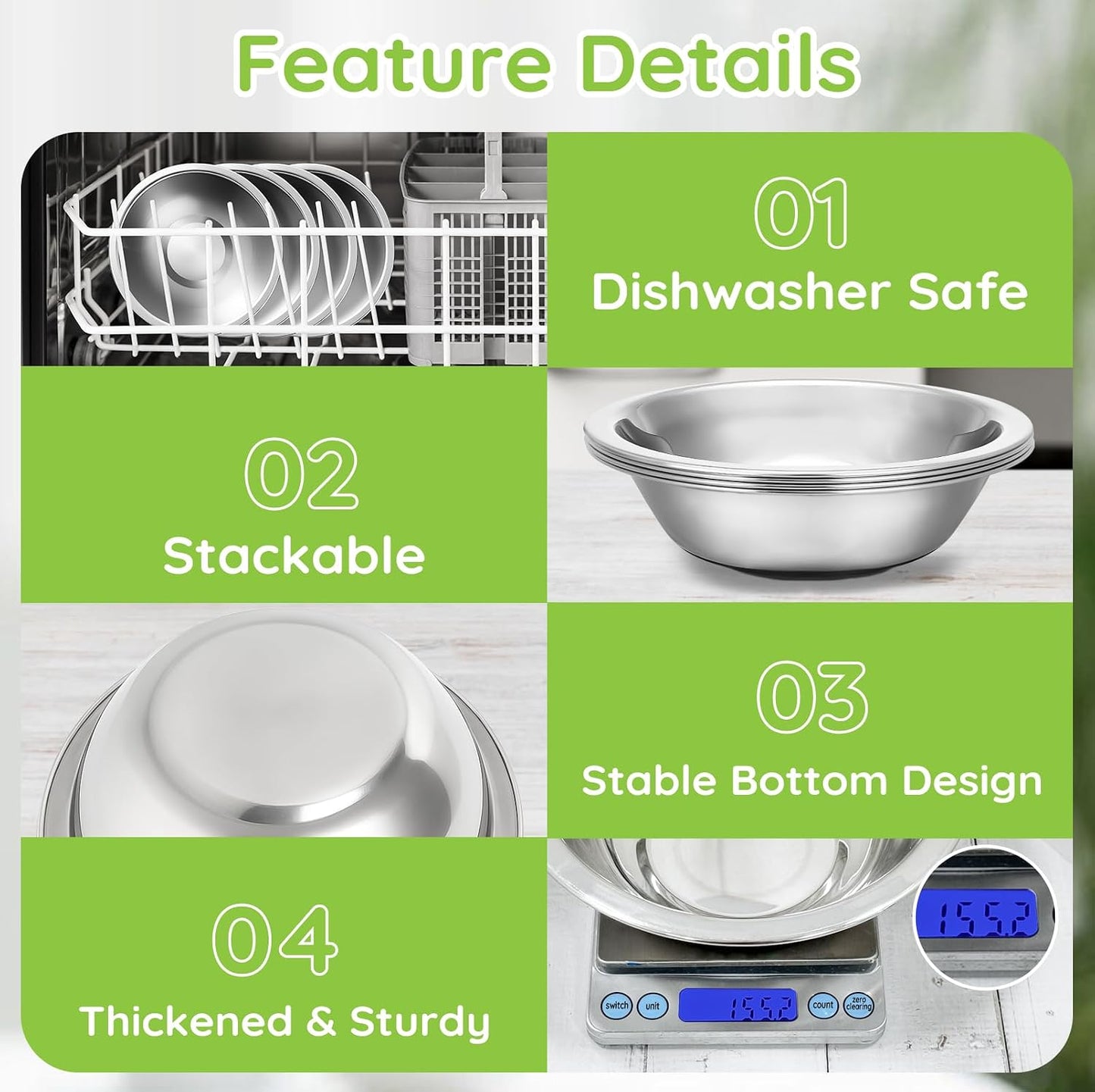 304(18/8) Stainless Steel Mixing Bowls for Kitchen, 4 Pack 7.8" 28.89 fl.oz Metal Mixing Bowls Set Stackable for Baking Serving Cooking Food Prep Storage Dishwasher Safe Heavy Duty