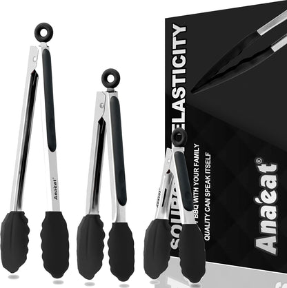 Anaeat Premium Kitchen Locking Tong Set of 3 - Heavy Duty Stainless Steel Food Tongs with Long Handle & Non-Slip Silicone Grip for Cooking, Baking, Grilling - Heat Resistant up to 480°F