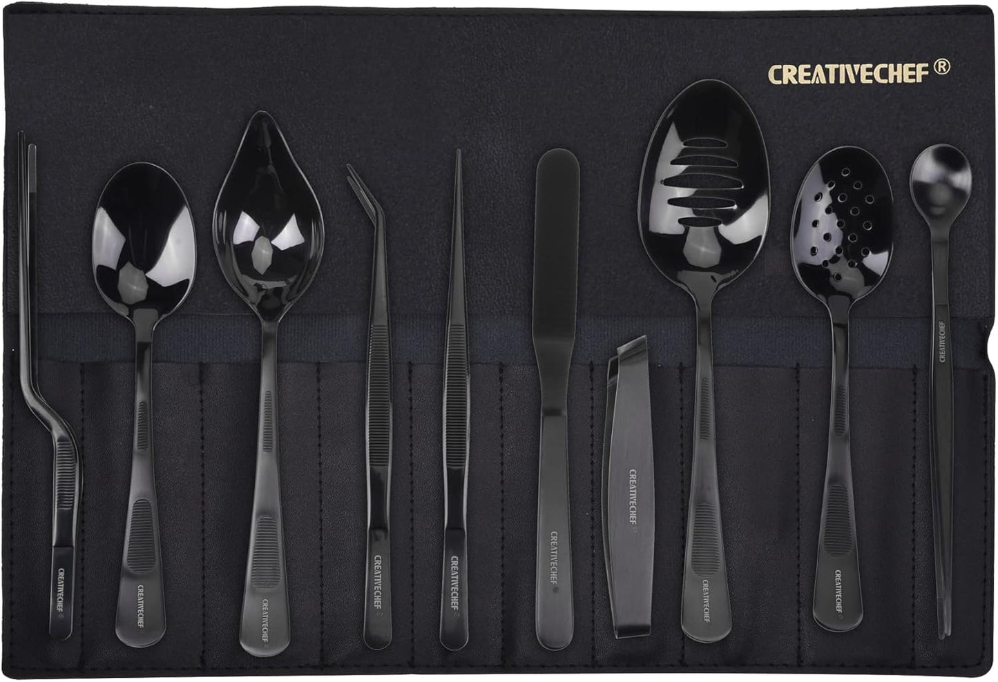 CREATIVECHEF 10 PCS Plating Tools Culinary Set Contains Kitchen Tweezers Spatula Sauce Plating Spoon（Black）