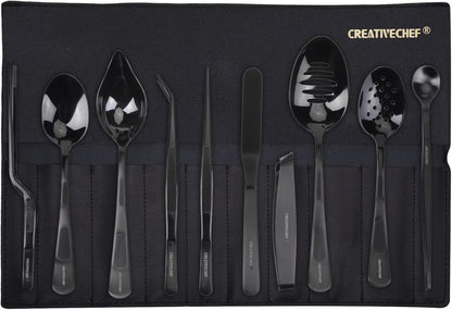 CREATIVECHEF 10 PCS Plating Tools Culinary Set Contains Kitchen Tweezers Spatula Sauce Plating Spoon（Black）