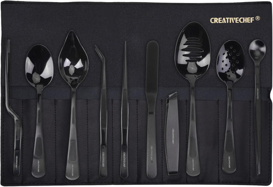 CREATIVECHEF 10 PCS Plating Tools Culinary Set Contains Kitchen Tweezers Spatula Sauce Plating Spoon（Black）