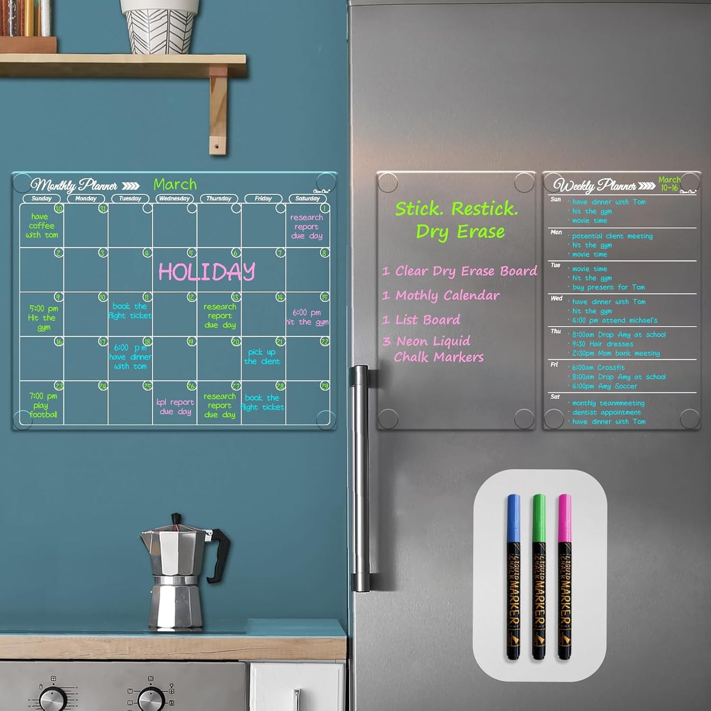 Clear Non-Magnetic Meal Planner Set for Fridge - Dry Erase Transparent Menu and List Board - Sticks to Wall, Glass, Door, Any Smooth Surfaces