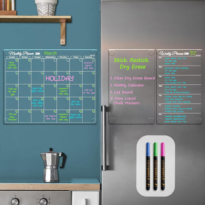 Clear Non-Magnetic Meal Planner Set for Fridge - Dry Erase Transparent Menu and List Board - Sticks to Wall, Glass, Door, Any Smooth Surfaces