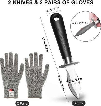 Oyster Knife Shucking Set with 2 Oyster Knives and 2 Pairs of Level 5 Cut Resistant Gloves, Safe and Easy Seafood Opener Kit for Kitchen Use, Oyster Shucking, and Gift Giving