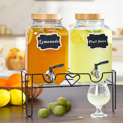 2 Pack1Gallon Glass Drink Dispenser with Stand&Bamboo Lids&Fruit Infuser,304 Stainless Steel Leak-Proof Spigot,Beverage Dispenser for Parties,Water Sangria Juice Sun Tea Lemonade(Natural)